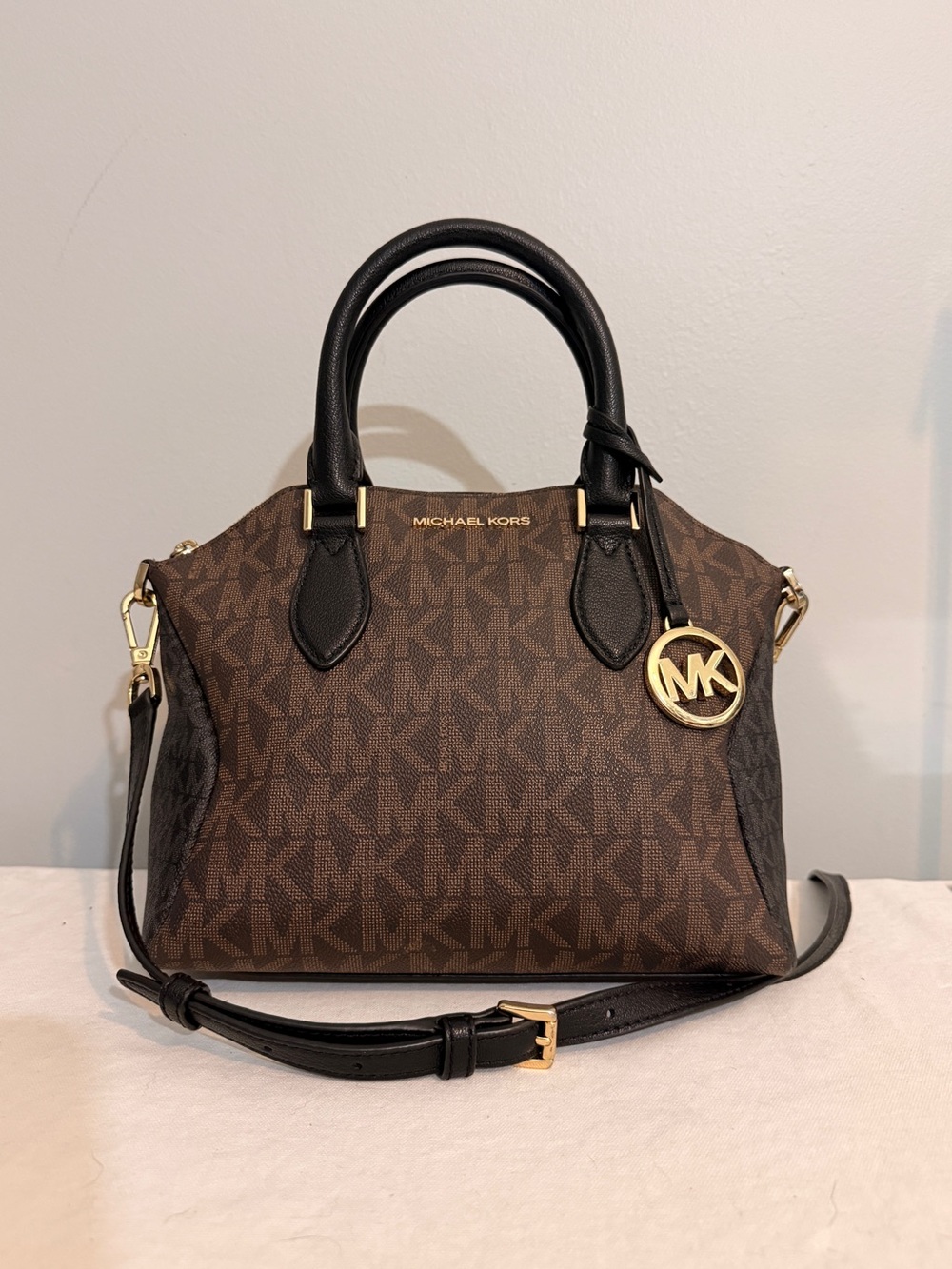 Michael Kors Coraline Brown MK Signature Satchel Crossbody Bag Black Trim